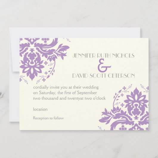 Eleganter Damastlavender, grau, Elfenbeinhochzeit Einladung (Vorderseite)