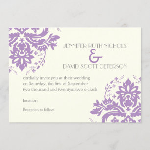 Eleganter Damastlavender, grau, Elfenbeinhochzeit Einladung