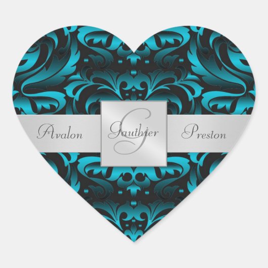 Eleganter Dark Aquamarin Damask Heart Wedding Stic Herz-Aufkleber (Vorderseite)