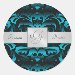 Eleganter Dark Aquamarin Damask Monogram Wedding S Runder Aufkleber