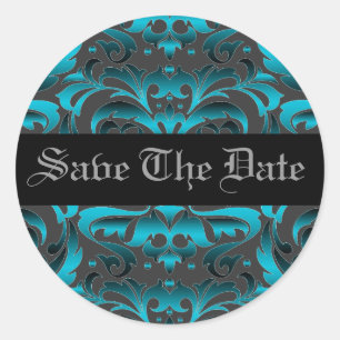 Eleganter Dark Aquamarin Damask Save the Date Aufk Runder Aufkleber