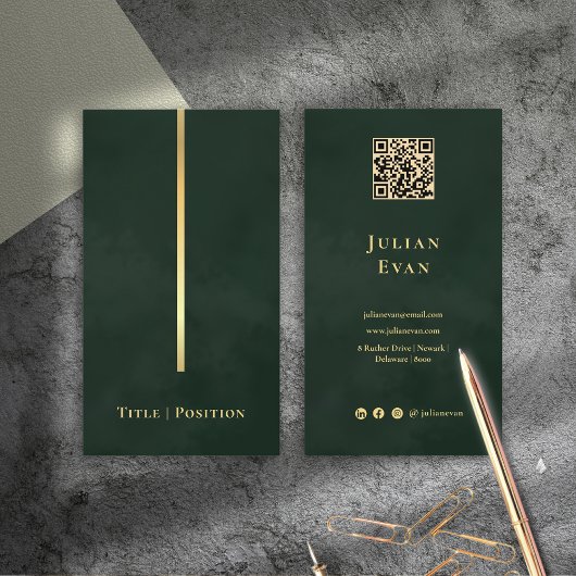 Eleganter Dark Emerald Green & Gold Qr Code Visitenkarte