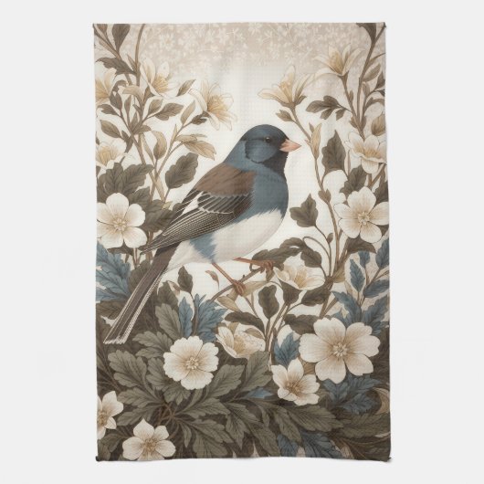 Eleganter Dark-eyed Junco Creme-Blumenmuster Geschirrtuch (Vertikal)