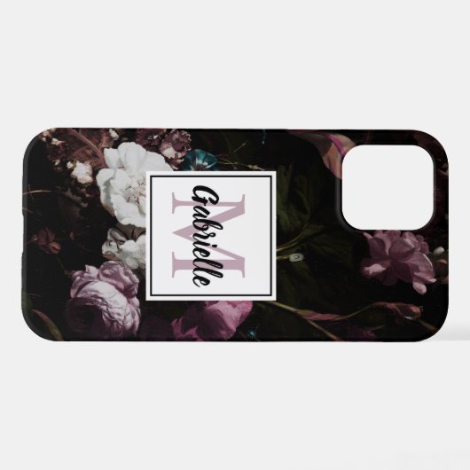 Eleganter Dark Floral Monogram Script Name iPhone Hülle (Rückseite (Horizontal))