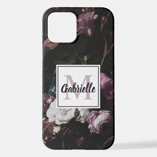 Eleganter Dark Floral Monogram Script Name iPhone Hülle (Rückseite)
