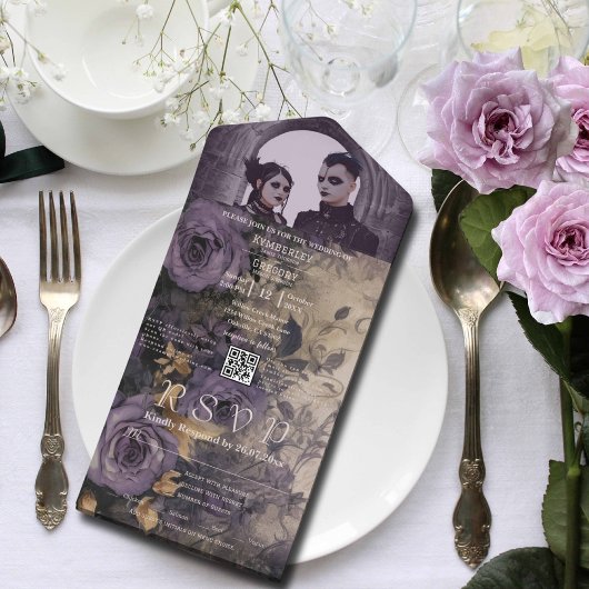 Eleganter Dark Gothic Lila Rose Foto QR Code All In One Einladung