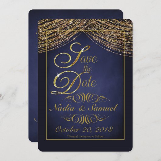 Eleganter Deep Blue und Gold Glitzer Speichern Sie Save The Date (Vorne/Hinten)