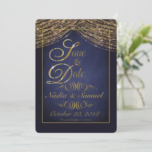 Eleganter Deep Blue und Gold Glitzer Speichern Sie Save The Date (Stehend Vorderseite)