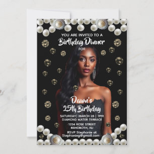 Eleganter Diamant- und Perlenfoto Schwarz Einladung
