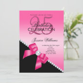 Eleganter Diamond Bow, Hot Pink & Black Geburtstag Einladung (Stehend Vorderseite)