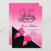 Eleganter Diamond Bow, Hot Pink & Black Geburtstag Einladung (Vorne/Hinten)