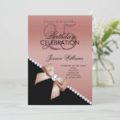 Eleganter Diamond Bow, Rose Gold & Black Geburtsta Einladung (Stehend Vorderseite)