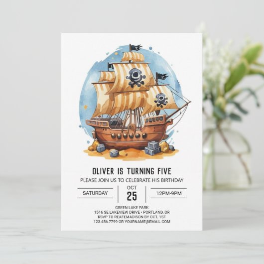 Eleganter digitaler Spaß Pirate Geburtstag Einladung (Stehend Vorderseite)