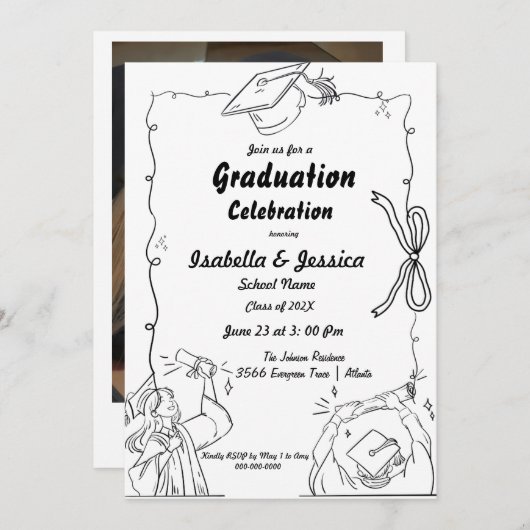 Eleganter Doodle Style Hand Drawn Twin Abschluss Einladung (Vorne/Hinten)