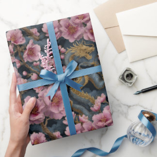 Eleganter Drache und rosa Kirschblüten-Fantasy Geschenkpapier