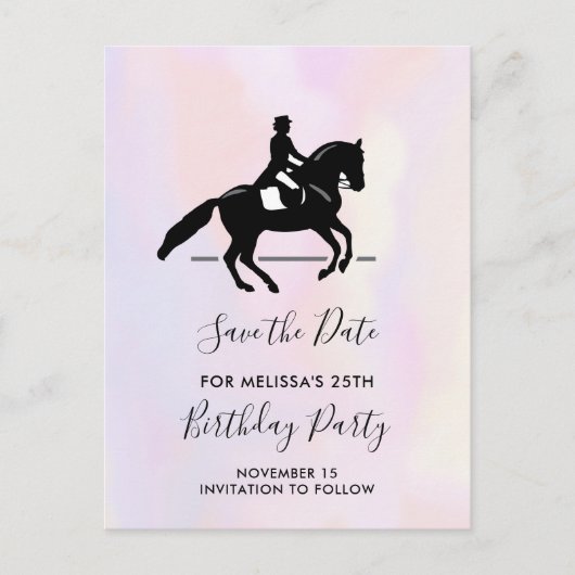 Eleganter Dressurreiter auf Wasserfarbe Save the D Einladungspostkarte (Vorderseite)