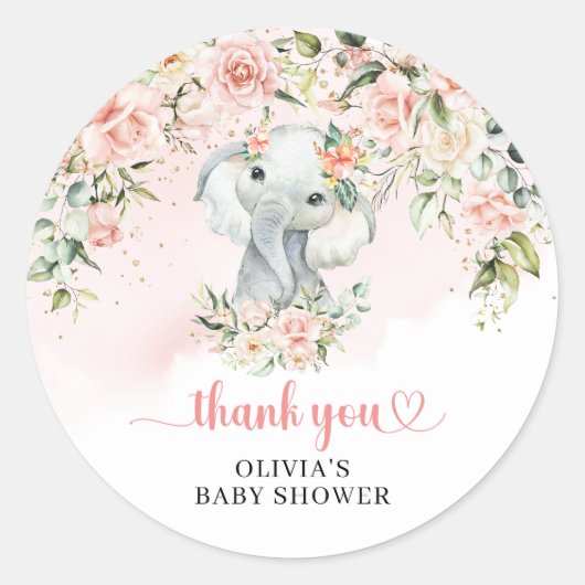 Eleganter DschungelElefant Blush Blume Golddusche Runder Aufkleber (Vorderseite)