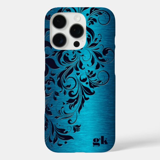 Eleganter dunkelblauer Blumenwirbel auf Metallic B Case-Mate iPhone Hülle (Rückseite)