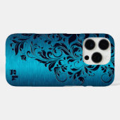 Eleganter dunkelblauer Blumenwirbel auf Metallic B Case-Mate iPhone Hülle (Rückseite (Horizontal))