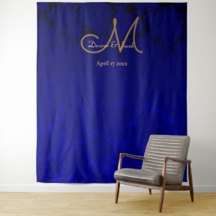 Eleganter dunkelblauer goldener Floral Monogramm H Wandteppich
