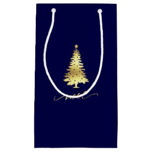 Eleganter dunkelblauer und goldener Weihnachtsbaum Kleine Geschenktüte
