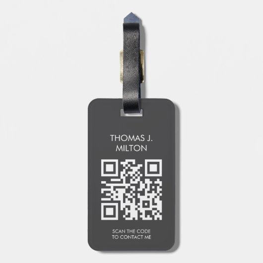 Eleganter dunkelgrau weißer, feiner QR-Code Gepäckanhänger (Rückseite vertikal)