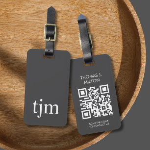Eleganter dunkelgrauer weißer kühner Monogramm-QR- Gepäckanhänger