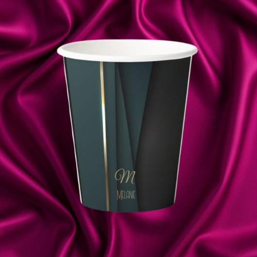 Eleganter, dunkelgrüner Goldmonogramm-Name Pappbecher