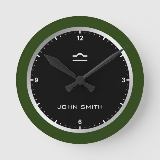 Eleganter dunkelgrüner Rahmen Zodiac Namensschild Runde Wanduhr (Vorderseite)