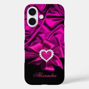 Eleganter dunkelrosa Seiden-Look-Schwarzes Herz-Sc iPhone 16 Hülle