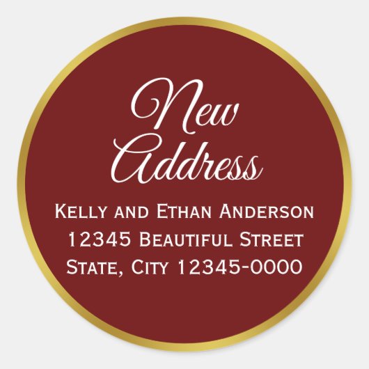 Eleganter dunkelroter Goldname und neue Adresse Runder Aufkleber (Vorderseite)