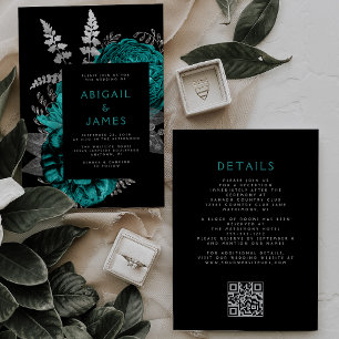 Eleganter dunkler Aquamariner Silber QR Code Hochz Einladung