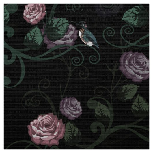 Eleganter dunkler Blumengarten mit Hummingbirds Ro Stoff (Muster)