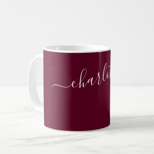 Eleganter dunkler Burgunder-Farbname personalisier Kaffeetasse (Vorderseite Links)
