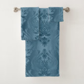 Eleganter dunkler cyan-blauer blauer Damast-Druck Badhandtuch Set (Insitu)