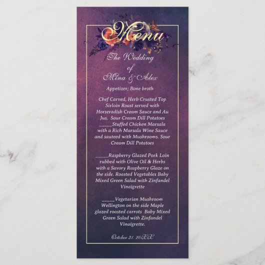 Eleganter Dunkler Herbst Lila Empfang Menükarte (Vorderseite)