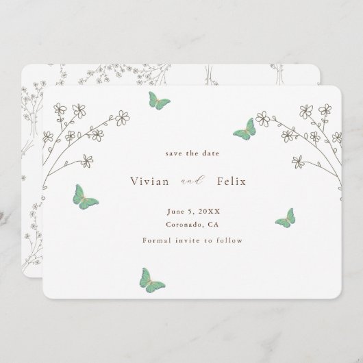 Eleganter Dunkler Schmetterling Save the Date Einladung (Vorne/Hinten)