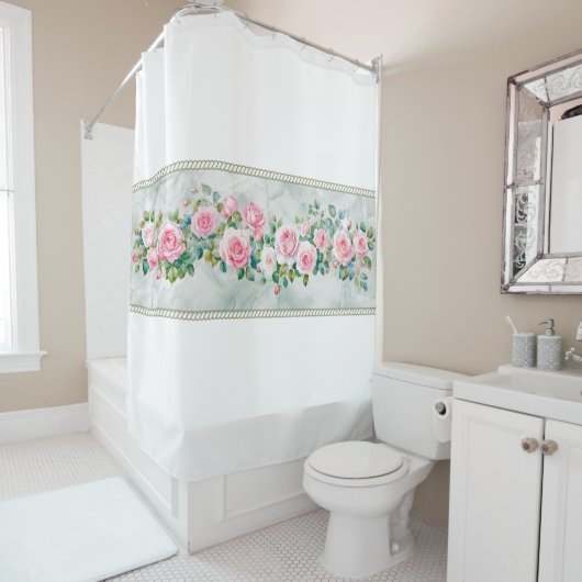 Eleganter Duschvorhang mit rosa Rosenblumen (Beispiel)
