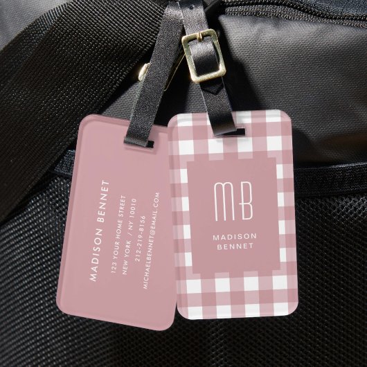 Eleganter Dustrosa Gingham-Monogramm Gepäckanhänger