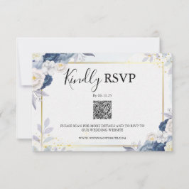 Eleganter Dusty Blue and Gold Floral UAwg Qr Code RSVP Karte