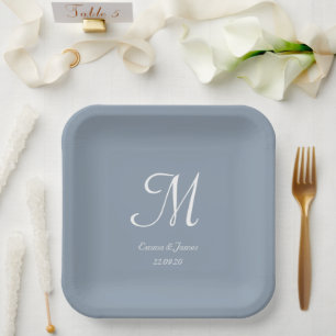 Eleganter Dusty Blue Monogram Wedding Party Cockta Pappteller