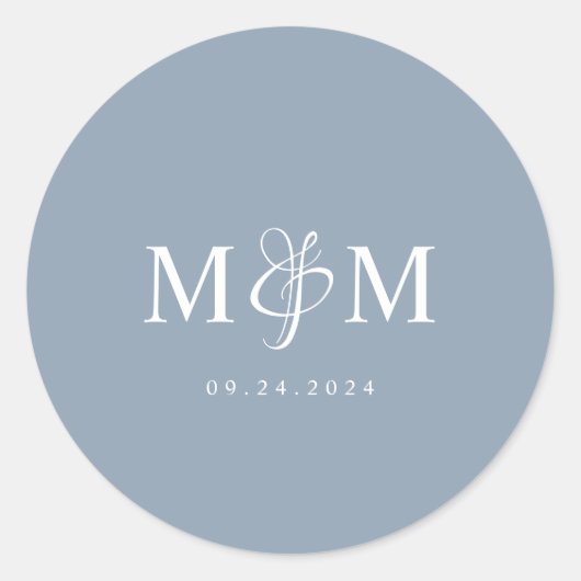 Eleganter Dusty Blue Monogram Wedding Umschlag Auf Runder Aufkleber (Vorderseite)