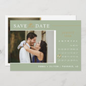 Eleganter Dusty Green Gold Save the Date Calendar Einladung (Vorne/Hinten)