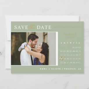 Eleganter Dusty Green Gold Save the Date Calendar Einladung