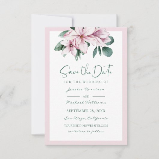 Eleganter Dusty Pink Aquarell Eukalyptus Save The Date (Vorderseite)