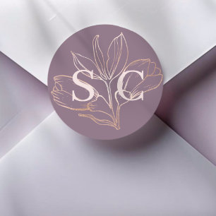 Eleganter Dusty Rose Botanischer Monogramm-Hochzei Runder Aufkleber