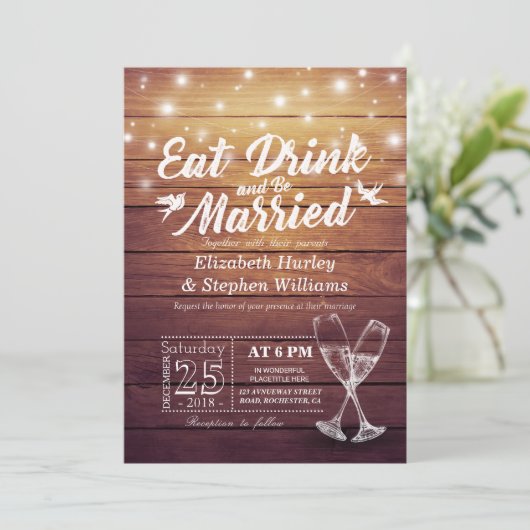 Eleganter EAT Drink & Be Verheiratet Hochzeiten Ei Einladung (Stehend Vorderseite)
