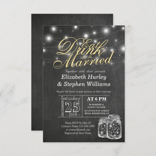 Eleganter EAT Drink & Be Verheiratet Hochzeiten Ei Einladung (Vorne/Hinten)