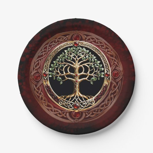 Eleganter edler Lebensbaum mit keltischem Knoten. Pappteller (Vorderseite)