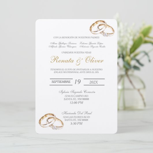 Eleganter Ehering Spanische Einladung (Stehend Vorderseite)